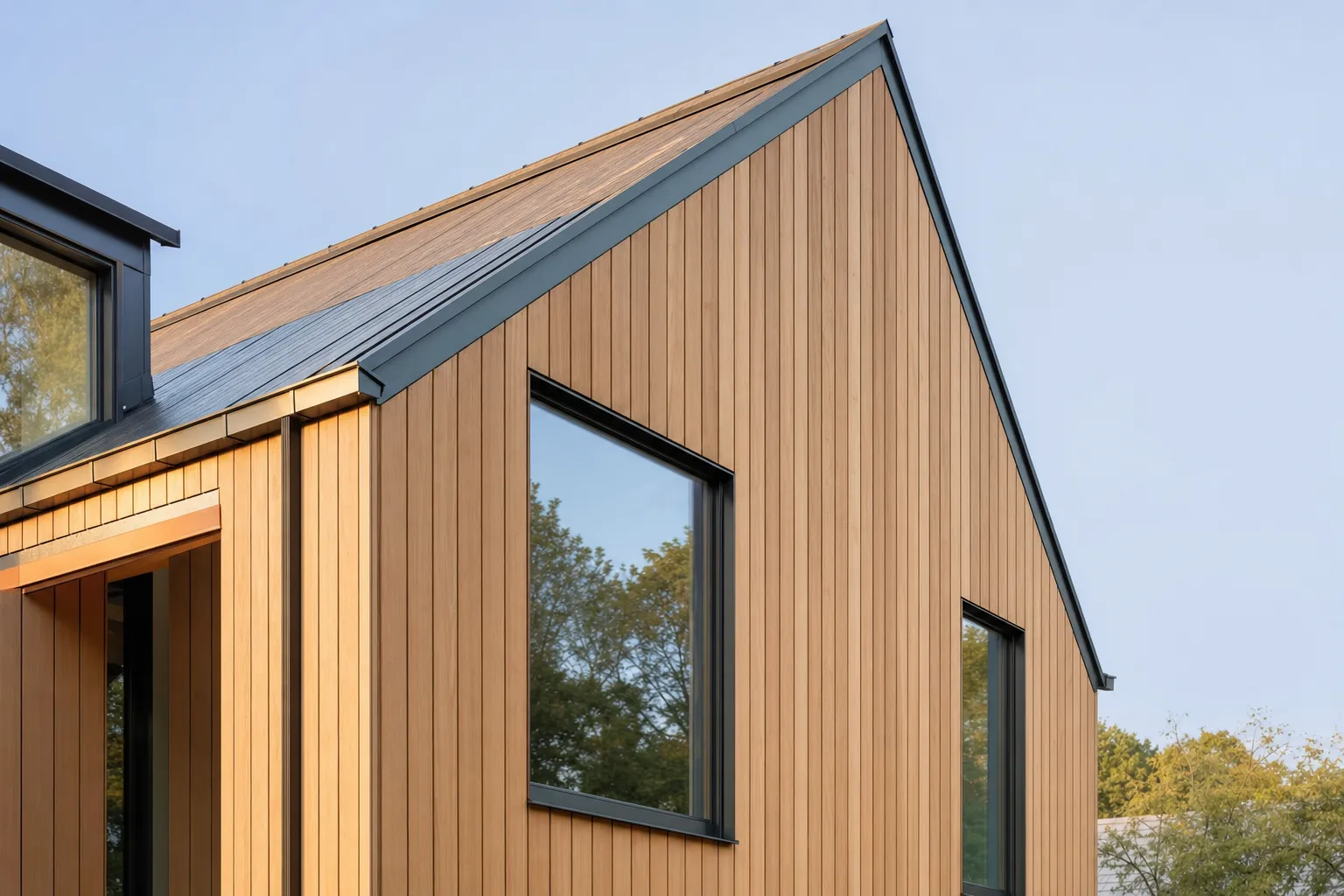 Blang Holzbau carpenter fitting a vertical larch timber façade on a house in Luxembourg